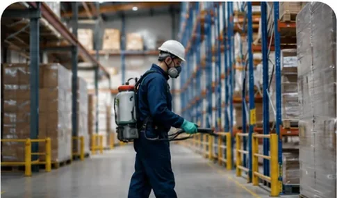 Técnico realizando control de plagas en una instalación industrial